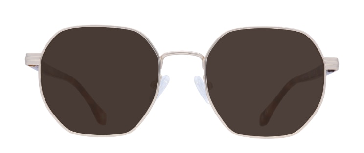 Gold metal geometric sunglasses with rubber nose pads and acetate tortoiseshell temples. 