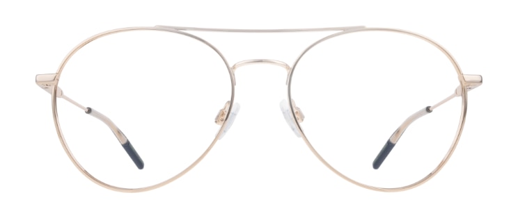 A gold metal pilot-style frame with a classic double bridge, rubber nose pads and dark blue plastic tips. 