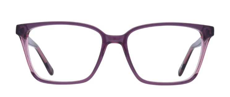 An eco-friendly rectangular frame made of bio-based acetate. It has peaked corners, wooden tips and is a bright mauve colour. 
