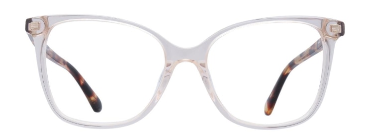 A bold cat-eye frame crafted from acetate. It is transparent at the front with a classic tortoiseshell design along the temples.