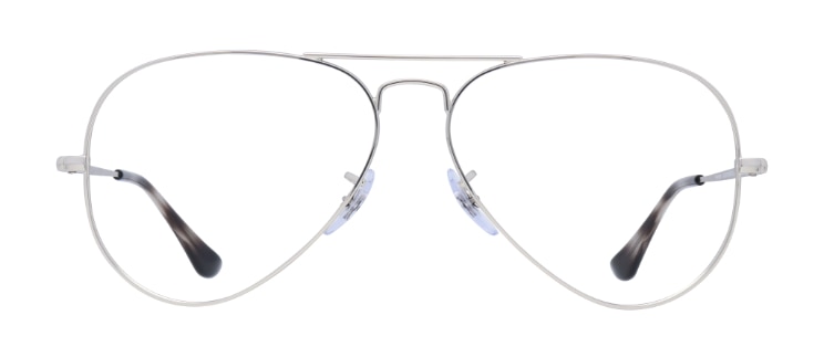 A silver metal Ray-Ban pilot-style frame with a double bridge, rubber nose pads and tortoiseshell acetate tips. 