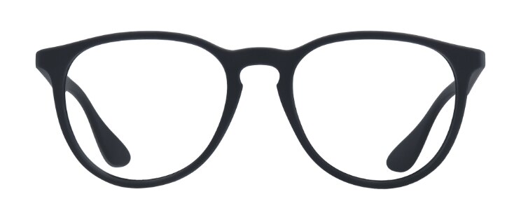 A retro-style round pair of black glasses made of plastic. The frame has a keyhole bridge and signature branding along the temples.
