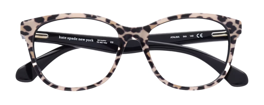 A folded-up rectangular frame with a leopard print front and black temples. 