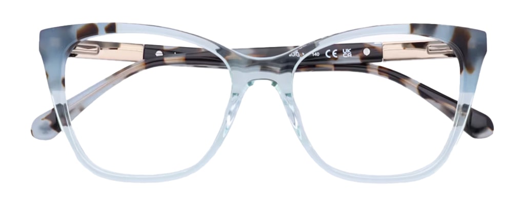 A classic cat-eye frame in a transparent light-blue colour with gold hinges and a bold tortoise print along the top and sides. The frame is folded up. 