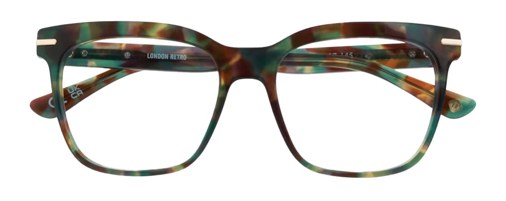 A square acetate frame with a bright green Havana print. The sleek gold metal stripe along the temples is just visible from the corners. The frame is folded up. 