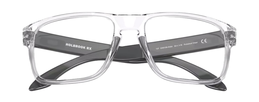 A large square frame folded up with a transparent front and thick black temples.