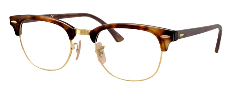 A close up of a pair of Ray-Ban Clubmaster glasses in red Havana and gold, featuring adjustable nose pads and metal rivet detailing. 