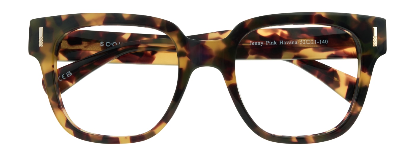 A large square acetate frame in a bright Havana print. The frame is folded flat. 