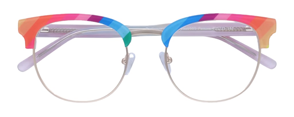 A bright rainbow frame made of acetate and metal. It has a classic Clubmaster silhouette with slim metal rims around the lenses and acetate along the top and temples. The frame is neatly folded. 