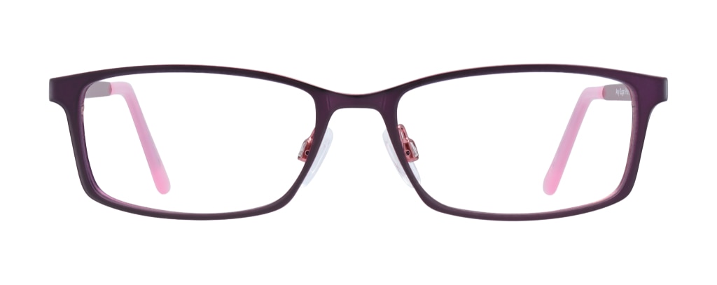 Purple rectangular metal glasses with a slim frame and clear adjustable nose pads for a lightweight, comfortable fit.