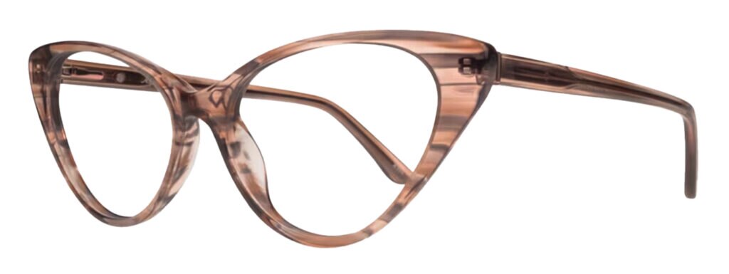 A cat-eye frame with a clear-brown stripy aesthetic. It has dramatic peaked corners and is propped open to one side. 