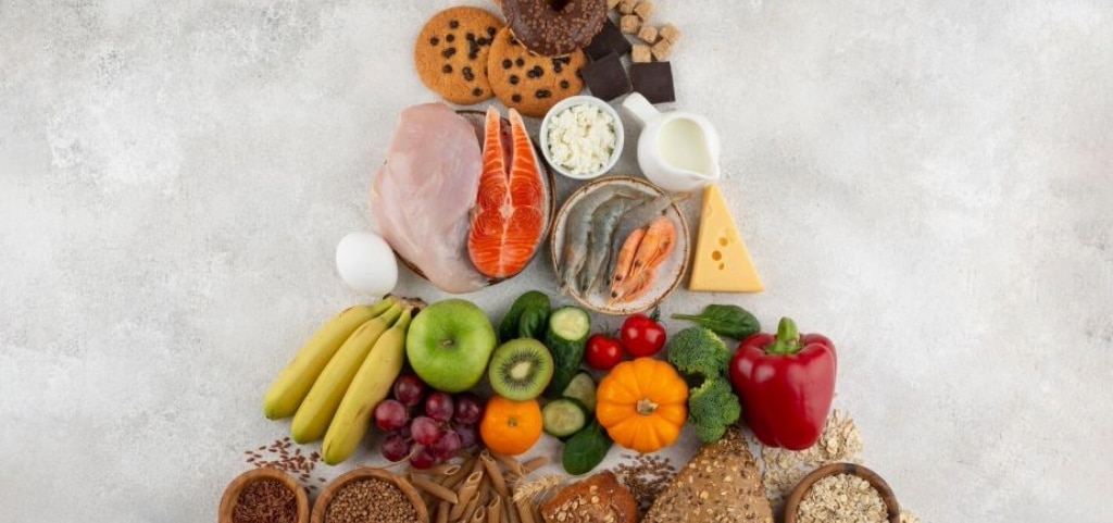 A nutritional pyramid displayed on a white marble surface. From bottom to top, it shows grains, wholemeal bread and pasta; a layer of fruits and vegetables; followed by proteins and dairy; and at the peak, cookies, donuts, and other sugary foods.