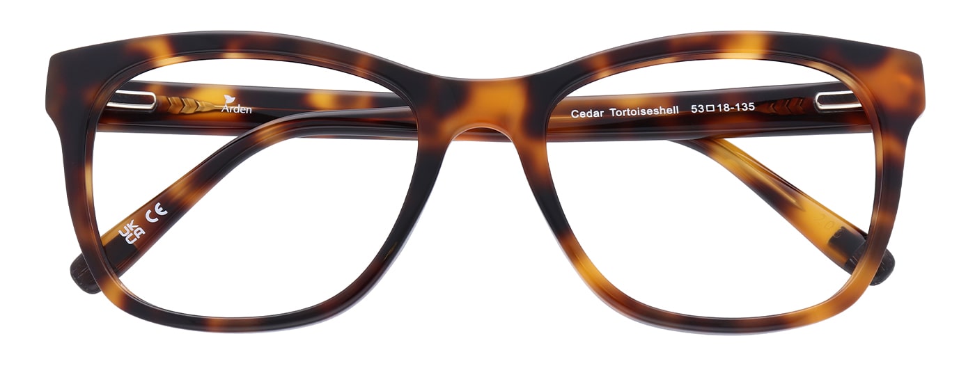 A medium tortoiseshell cat-eye frame made of bio-based acetate. The frame is folded up. 