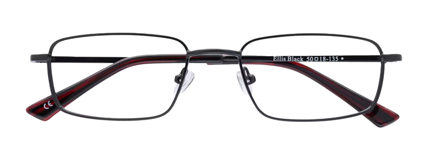A slim pair of rectangular glasses made of black metal. They are folded up. 