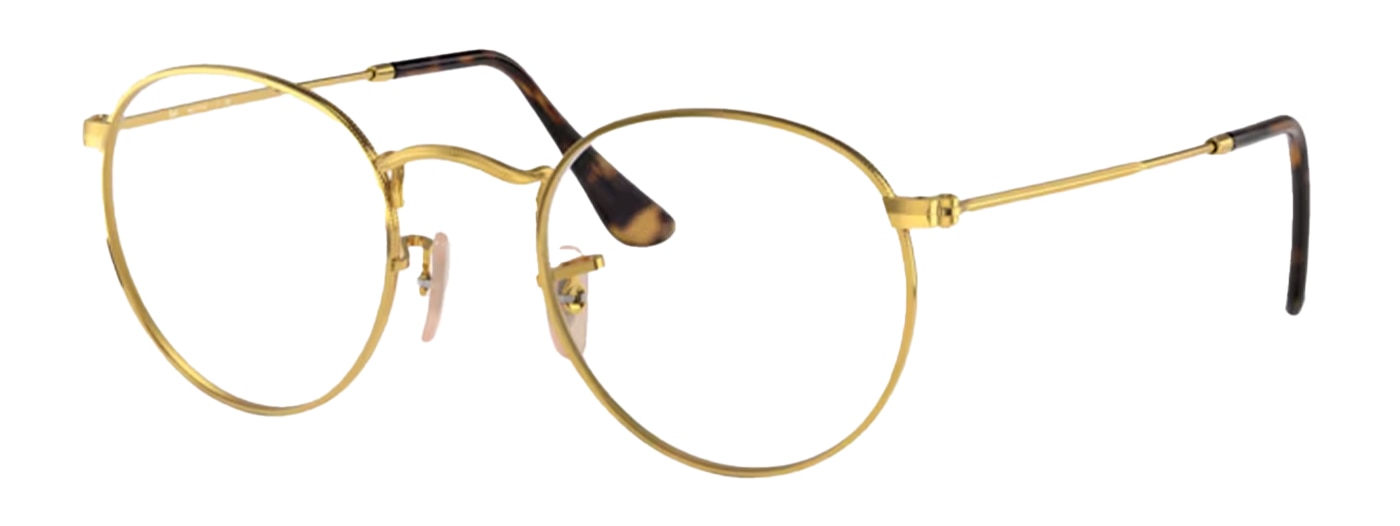 A pair of round metal Ray-Ban glasses positioned at an angle. They are a bright gold colour with a sleek profile and Havana acetate tips. 