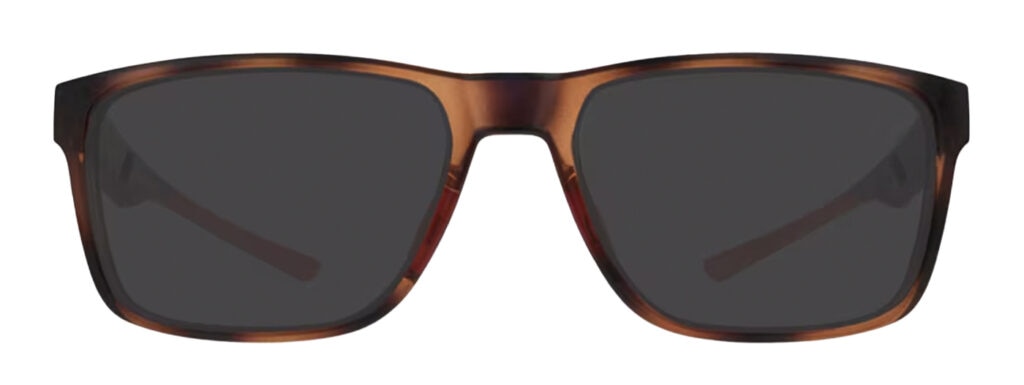 A large pair of rectangular sports sunglasses in a bright Havana colour. 