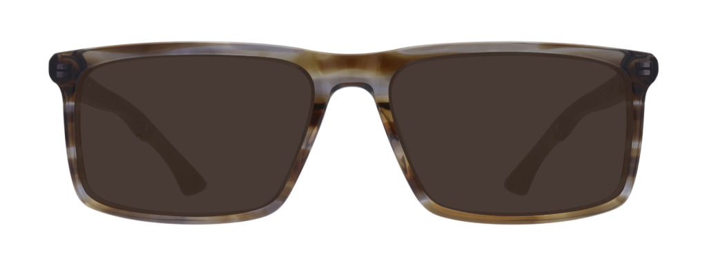 A pair of brown-striped rectangular sunglasses made of acetate. 