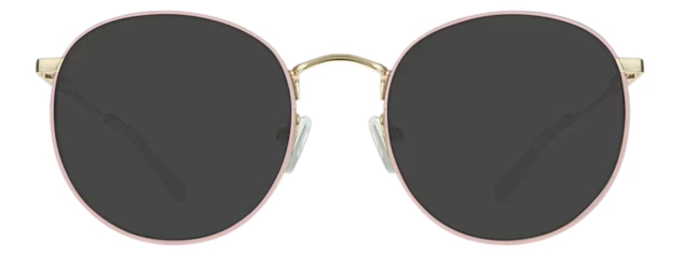 A pair of round metal glasses with pink accents around the lenses. It has rubber nose pads. 