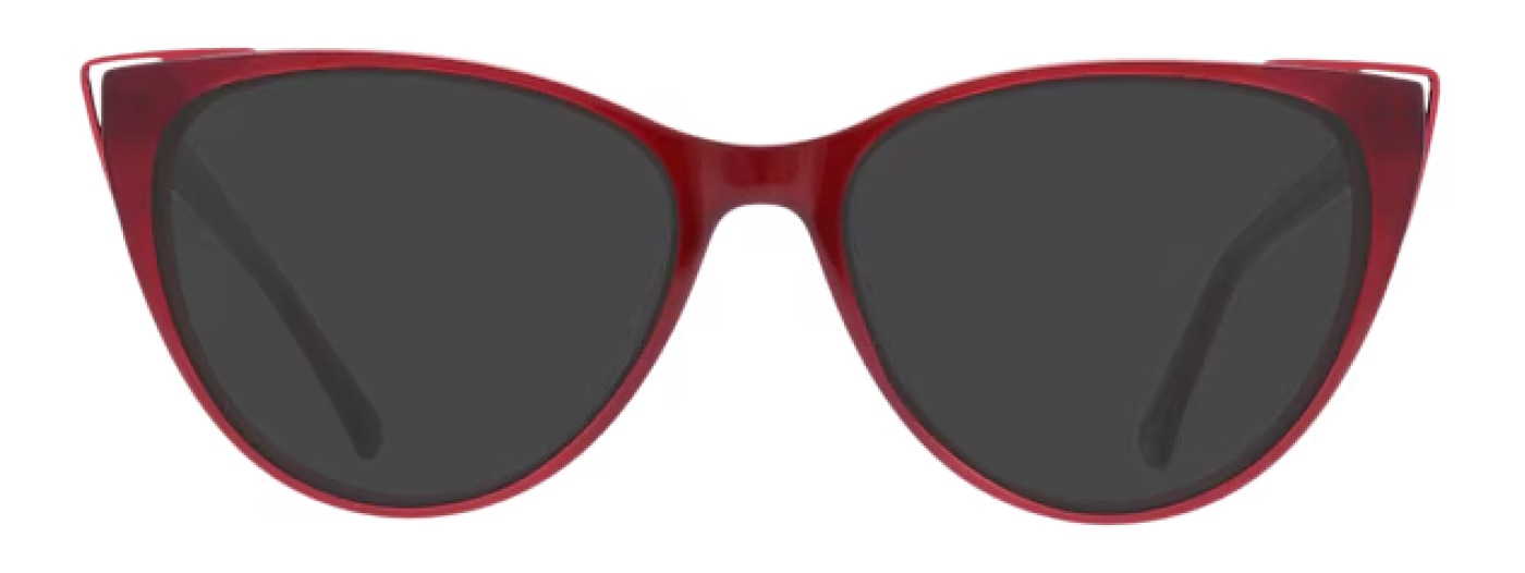 A pair of red cat-eye sunglasses with subtle metal accents on each corner.
