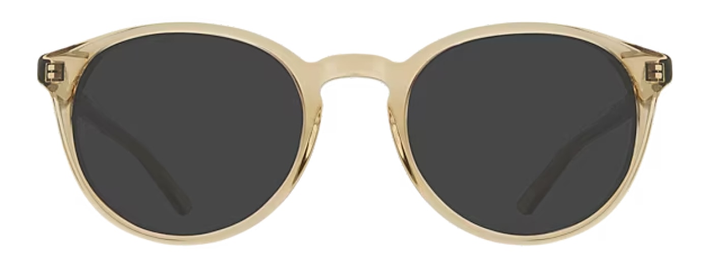 A pair of phantos-shaped acetate sunglasses with a keyhole bridge in a light yellow colour. 