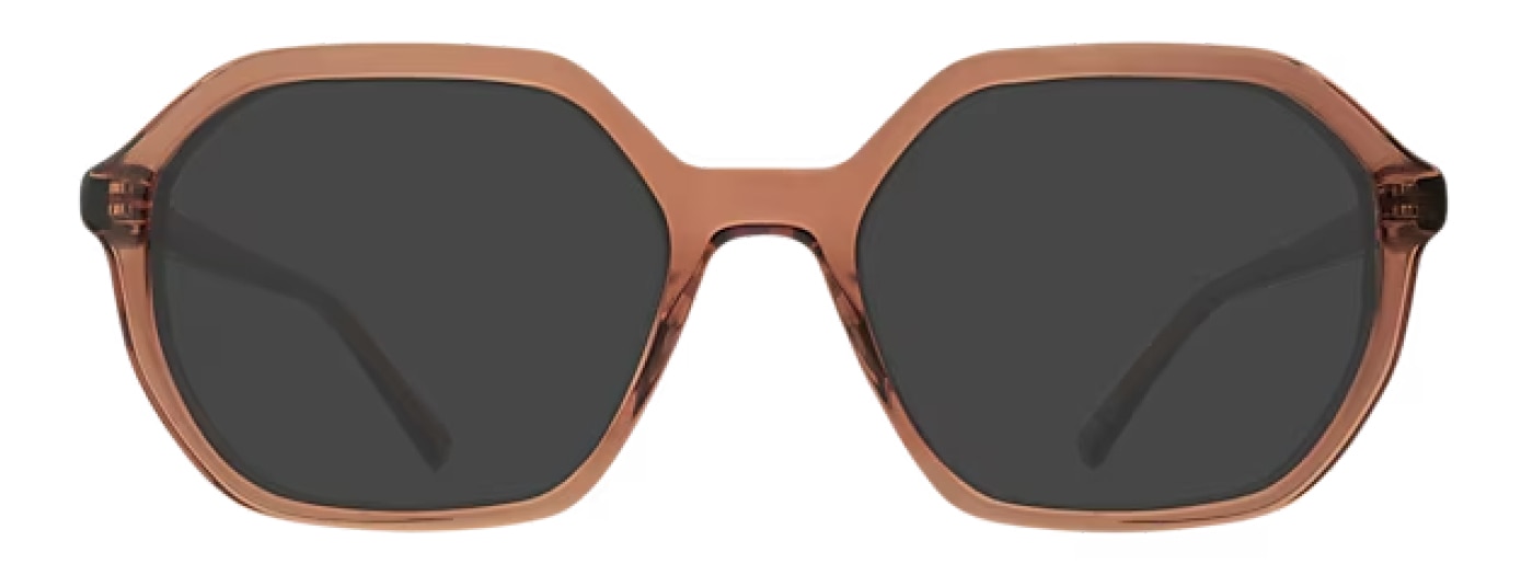 A pair of brown hexagonal-shaped sunglasses made of acetate. 