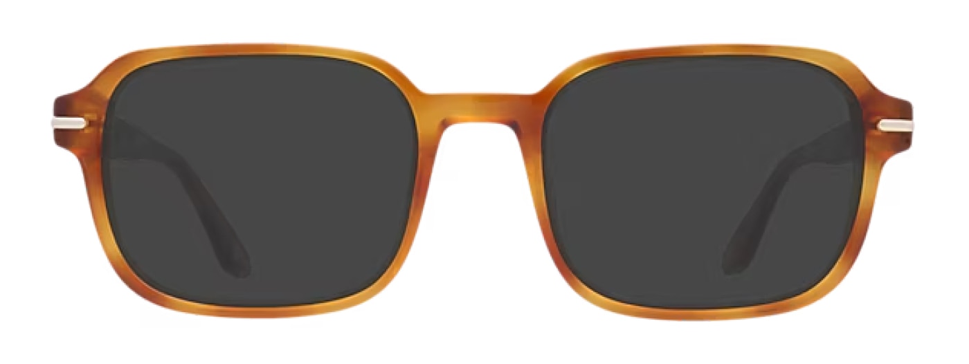 Oval honey-coloured sunglasses made of acetate with a sleek metal bar along the temples. 