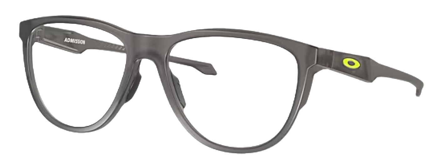 Large round plastic Oakley glasses at an angle. The Oakley 'O' symbol is visible in neon yellow along the sides.