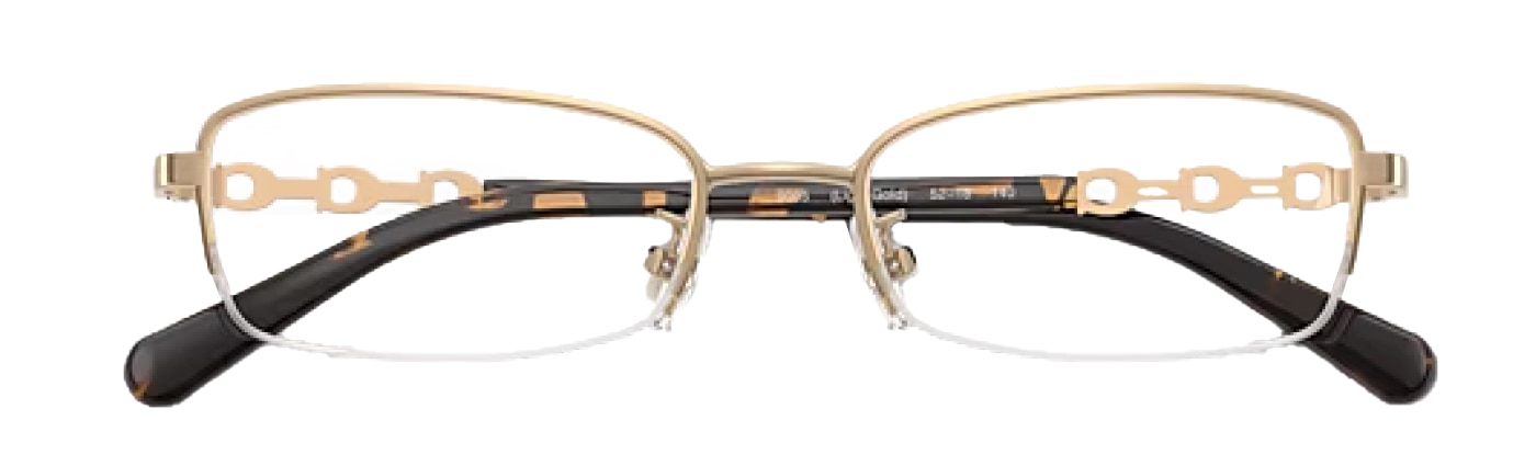 A pair of small rectangular semi-rimless glasses, made of gold metal with transparent nose pads. The temples have a horseshoe-shaped interlocking design and black acetate tips. The glasses are folded up. 