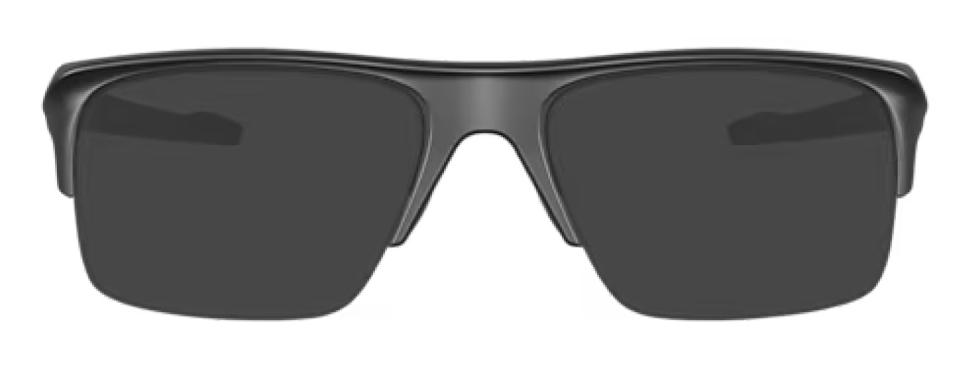 Front view of semi-rimless Oakley sunglasses in satin black. They have a large rectangular shape. 