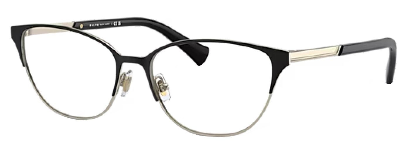 A pair of metal cat-eye glasses in black. The upper part of the frame is bolder than the rest of the design. The temples are decorated with a gold stripe that is engraved with the brand name. The glasses are positioned at an angle. 