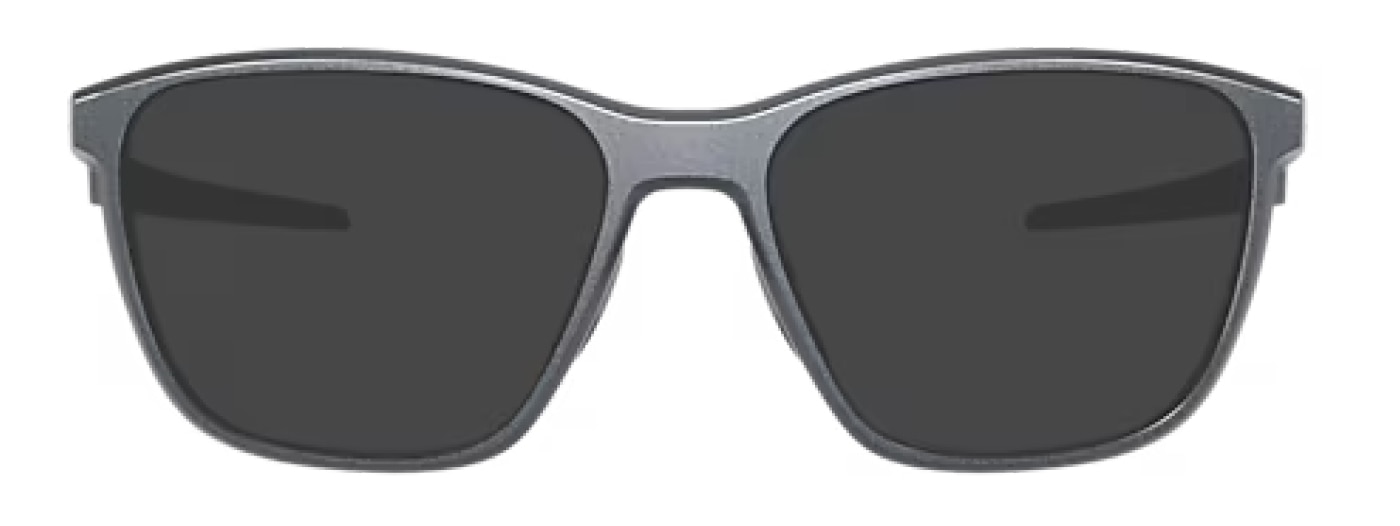 Front view of large square plastic Oakley sunglasses in matte blue silver.