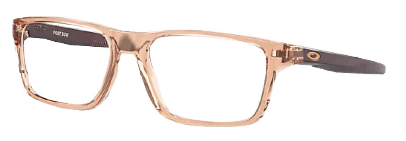 Plastic rectangular Oakley glasses in transparent sepia with brown temples. They are positioned at an angle and the Oakley 'O' symbol is visible. 