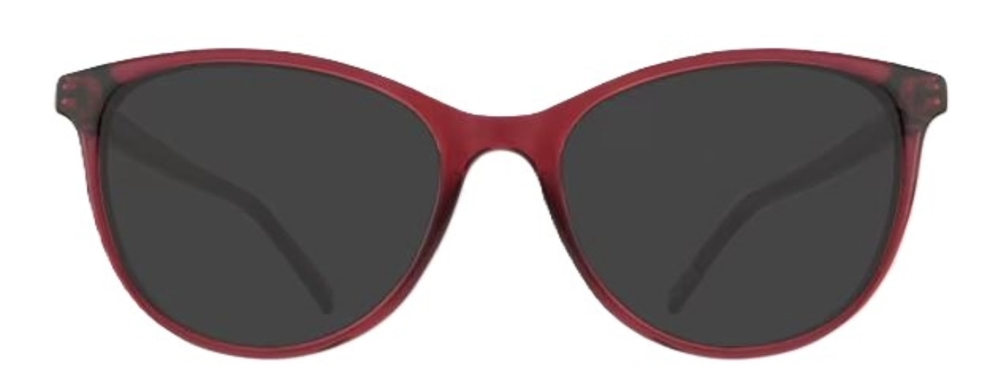 Burgundy cat-eye sunglasses made of bio-based nylon.