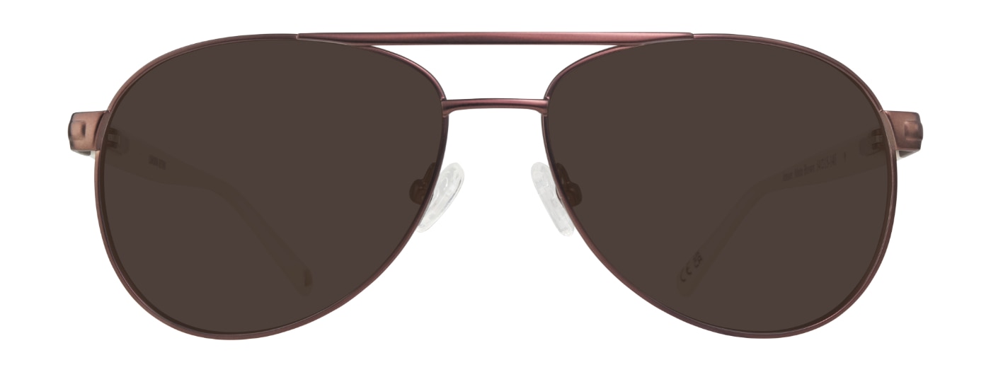 A pair of aviator sunglasses made of matte brown metal with white acetate temples. 