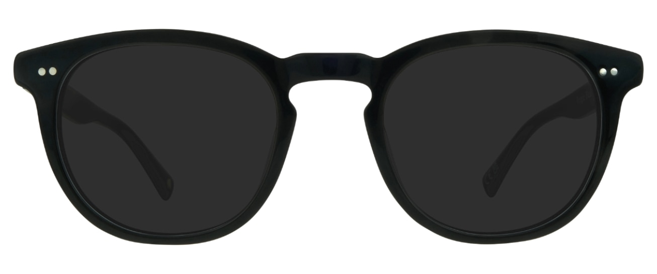 A pair of black square sunglasses made of acetate. They have a keyhole bridge and pin detailing on either corner of the lenses. 