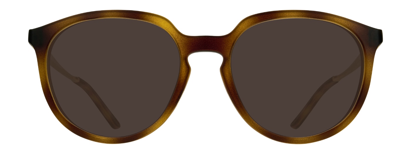 A pair of large round Oakley sunglasses, made of brown tortoiseshell acetate at the front and gold metal along the temples.