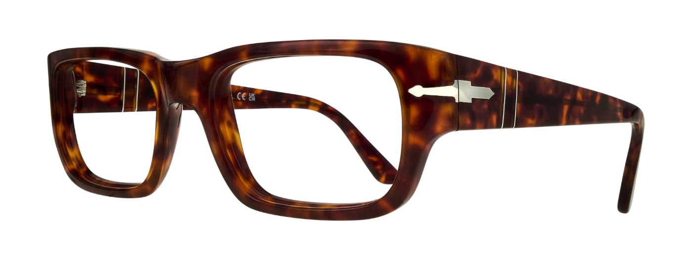 A pair of large rectangular Persol glasses, made of chunky Havana-coloured acetate. The glasses feature the iconic metal sword detail on each temple. They are positioned at a sideways angle. 