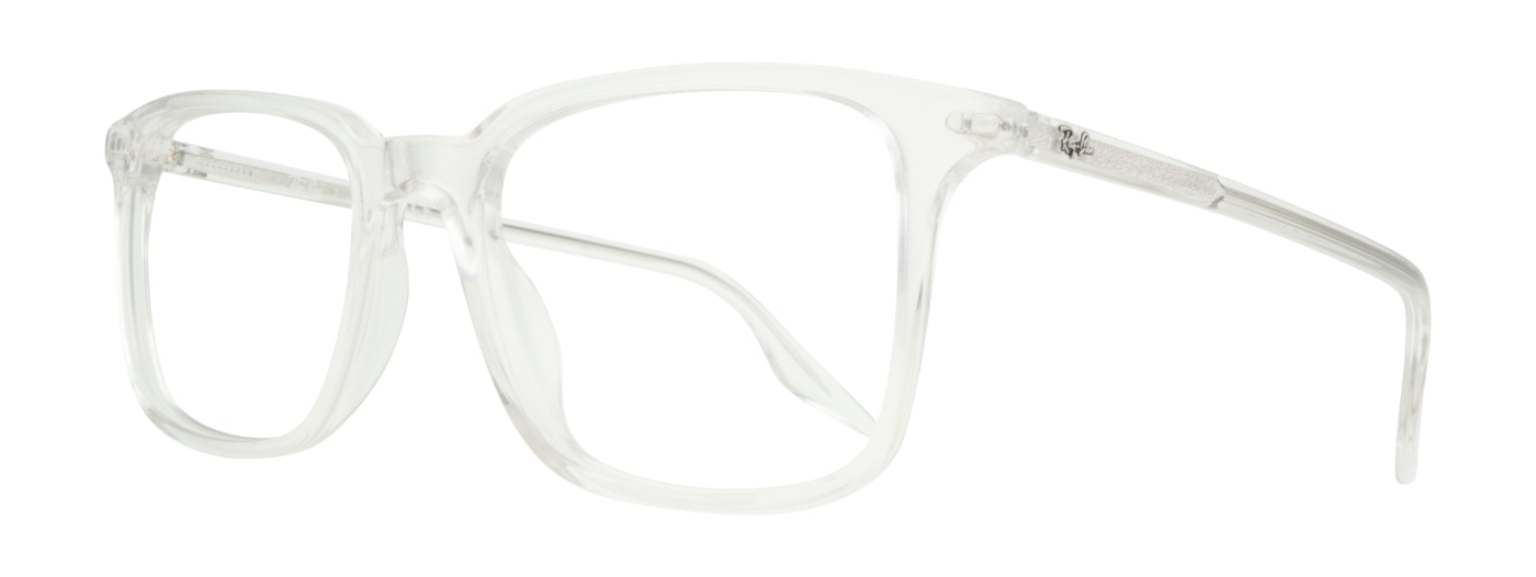 A large pair of rectangular, transparent Ray-Ban glasses. The glasses are positioned at a sideways angle. 