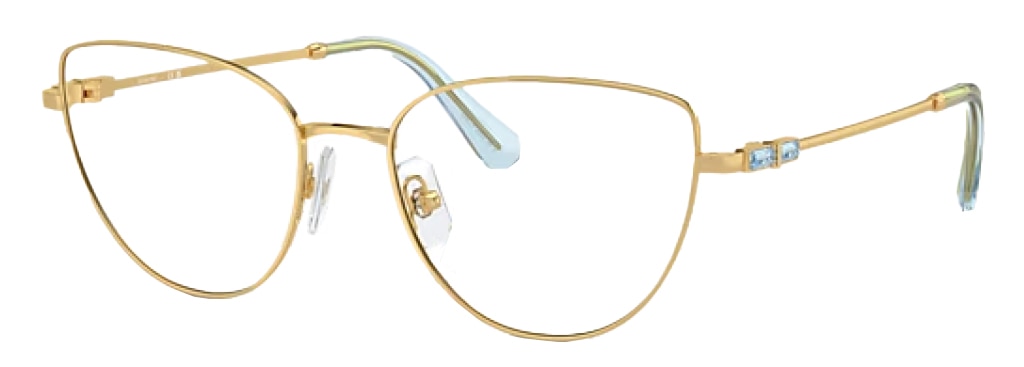 Gold Swarovski cat-eye glasses, made of metal with sapphire-coloured crystals embellished along the temples and clear-blue acetate tips. The glasses are positioned at an angle. 