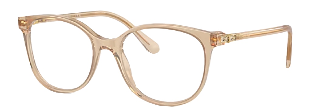 Clear brown Swarovski square glasses, made of acetate with metal accents on the temples. The glasses are positioned at an angle. 