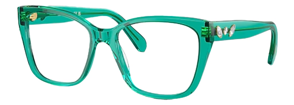 Clear green Swarovski glasses, made of acetate with three silver crystals embellished along the temples. The glasses are positioned at an angle. 
