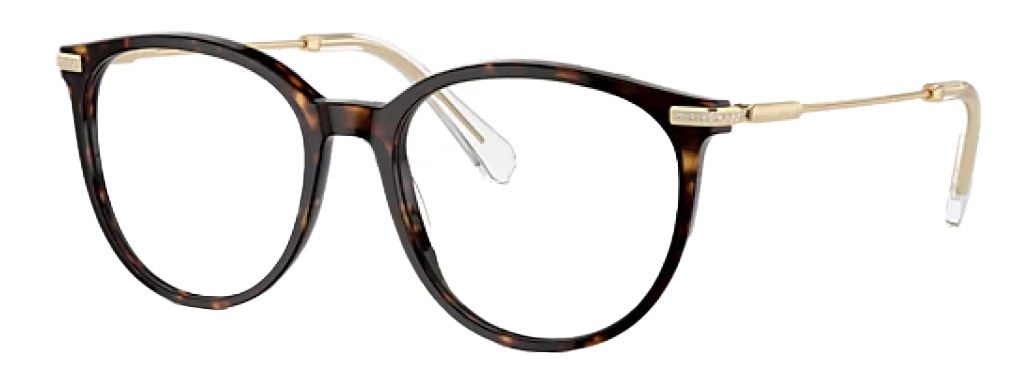 Large Havana Swarovski phantos-shaped glasses, made of acetate at the front and gold-toned metal along the temples. There are small crystals decorating the hinges and temples. The glasses are positioned at an angle. 