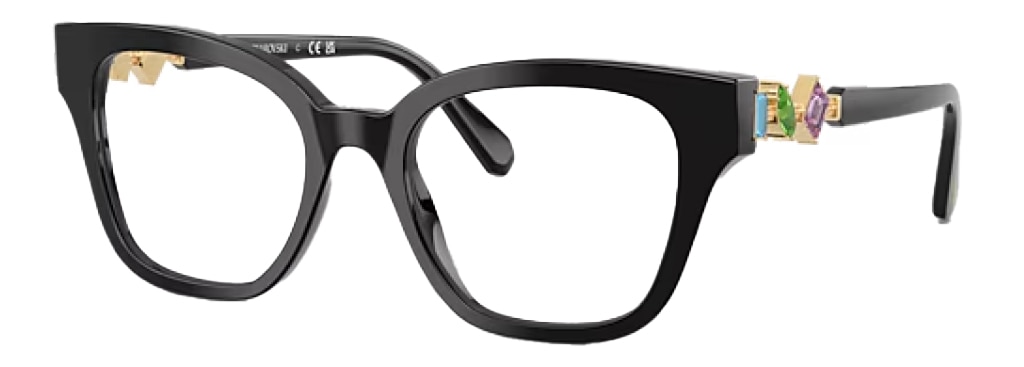 Large black Swarovski square glasses, made of acetate with different coloured crystals embellished along the temples. The glasses are positioned at an angle. 