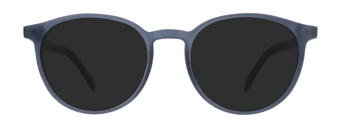 A pair of phantos-shaped Levi's sunglasses, made of blue plastic. They have a bright yellow stripe along the temples.
