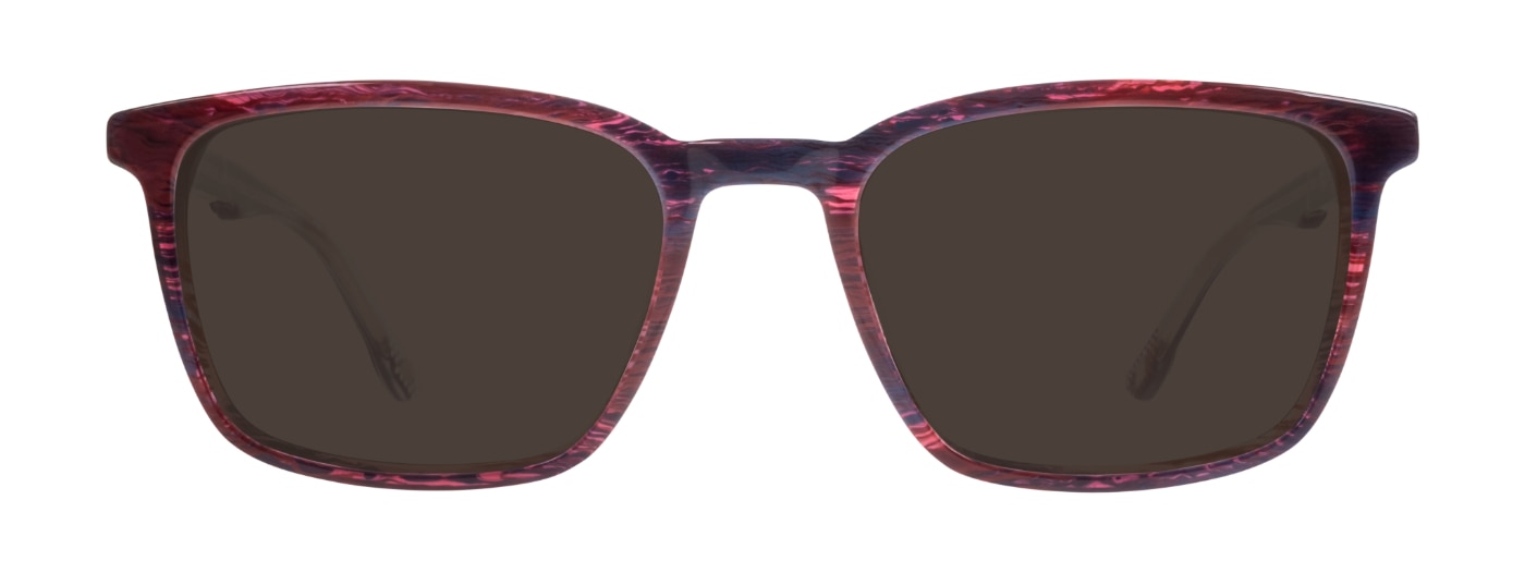 A pair of square red stripy New Balance sunglasses made of acetate. 