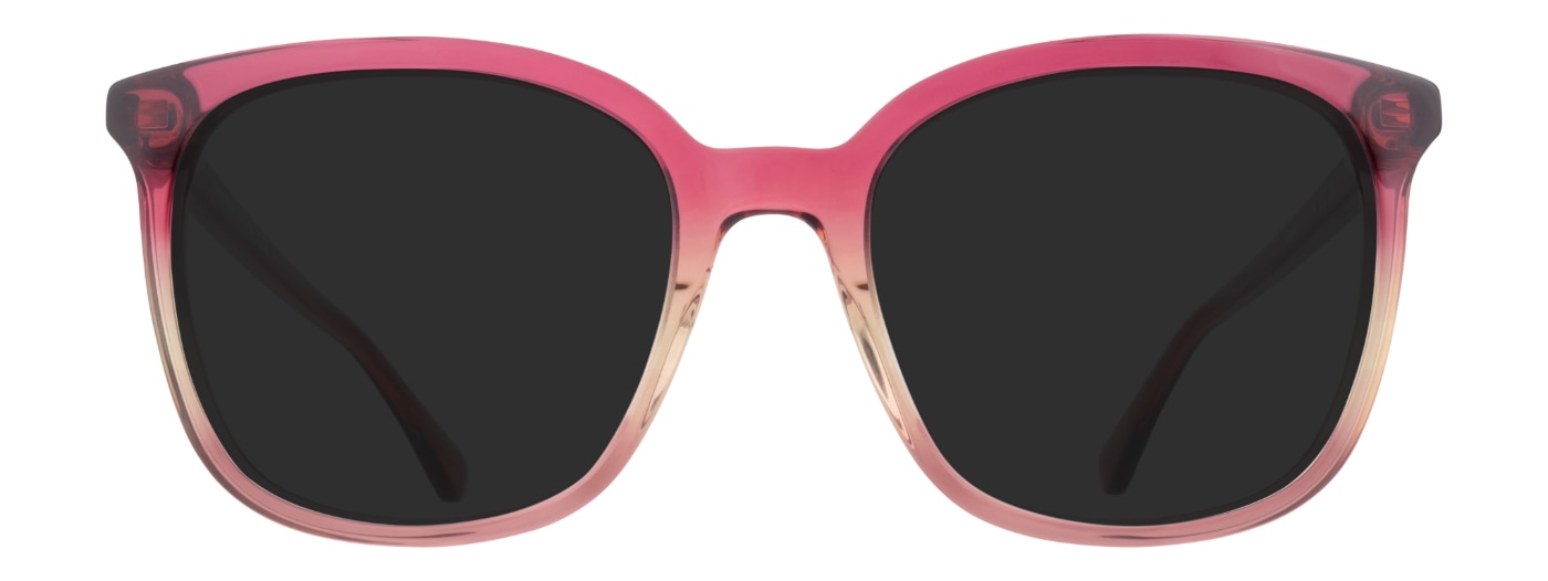 Large square acetate sunglasses in a bright yellow and pink gradient.