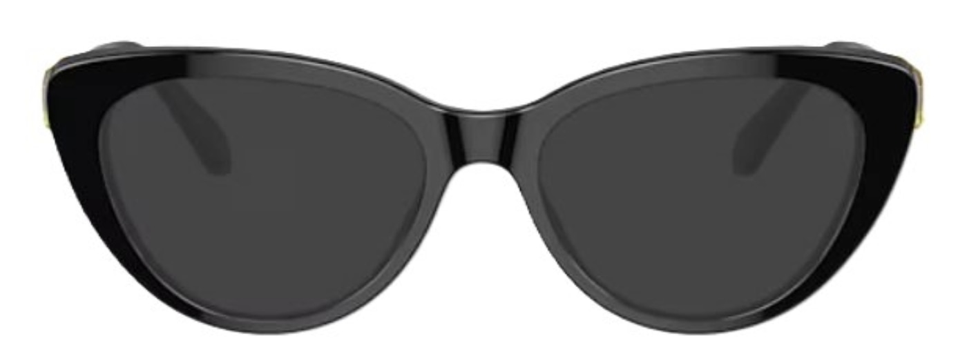 Small black Swarovski cat-eye sunglasses, made of acetate with a large green jewel embellishment. 