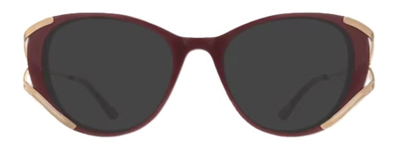 Cat-eye sunglasses with gold temples and a red acetate front.