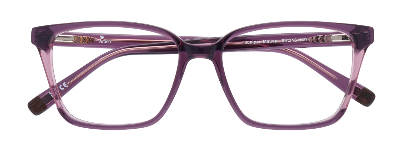 A pair of rectangular, mauve-coloured glasses, made of bio-based acetate. The glasses are folded up. 