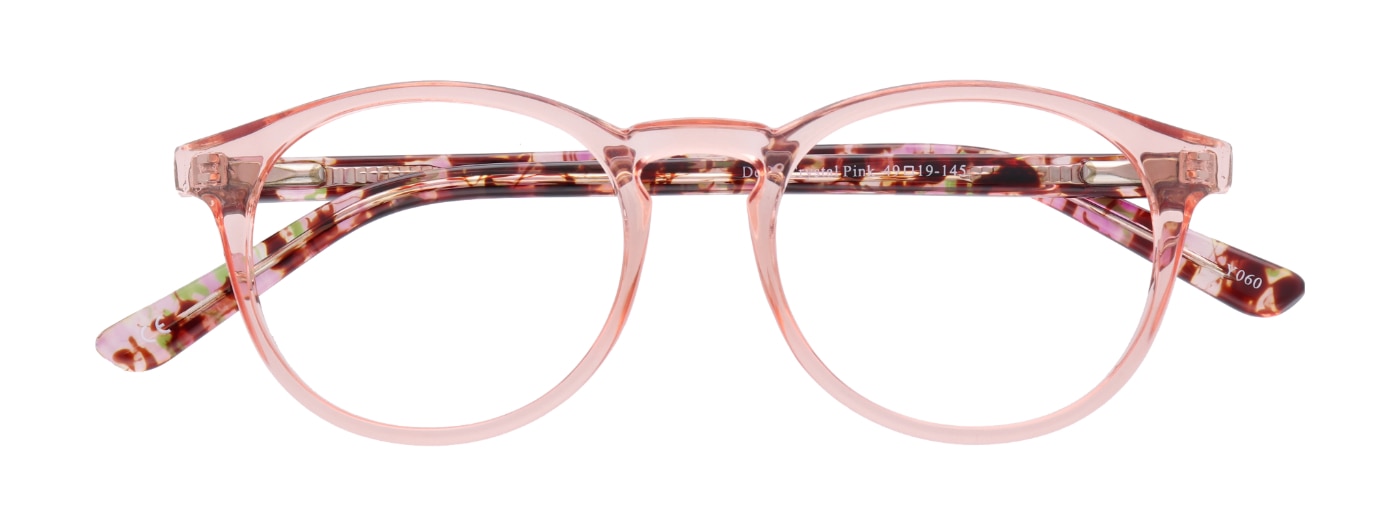 A pair of small, transparent pink phantos glasses, made of acetate with patterned temples. The glasses are folded up. 